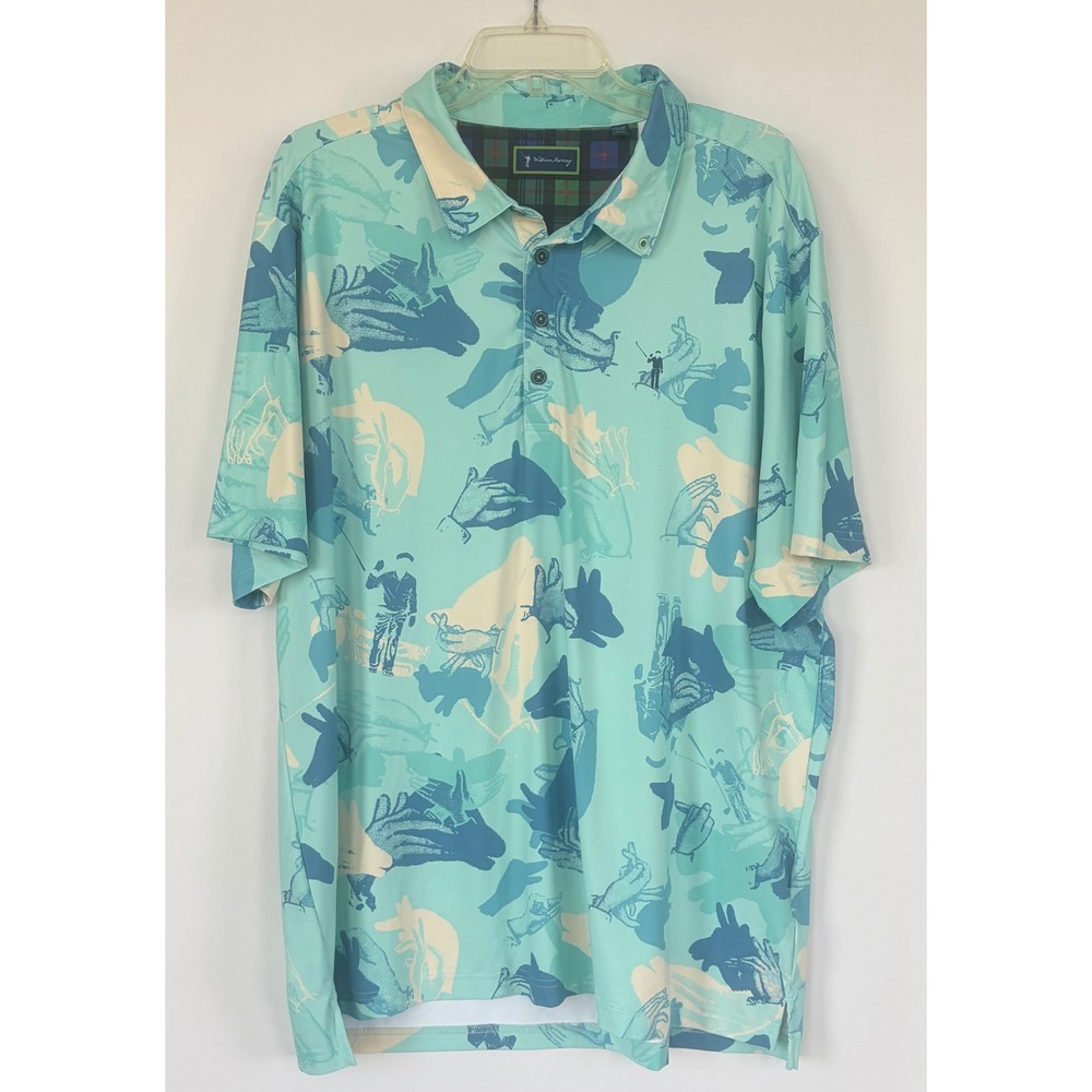 William Murray Golf Polo Mens XL Aqua Shadow Puppet Print Short Sleeve Shirt